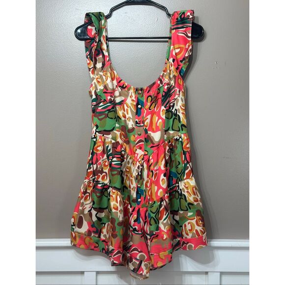 NWT Commense Print Low Cut Ruffle Short Jumpsuit Romper Women's Small - Picture 2 of 16